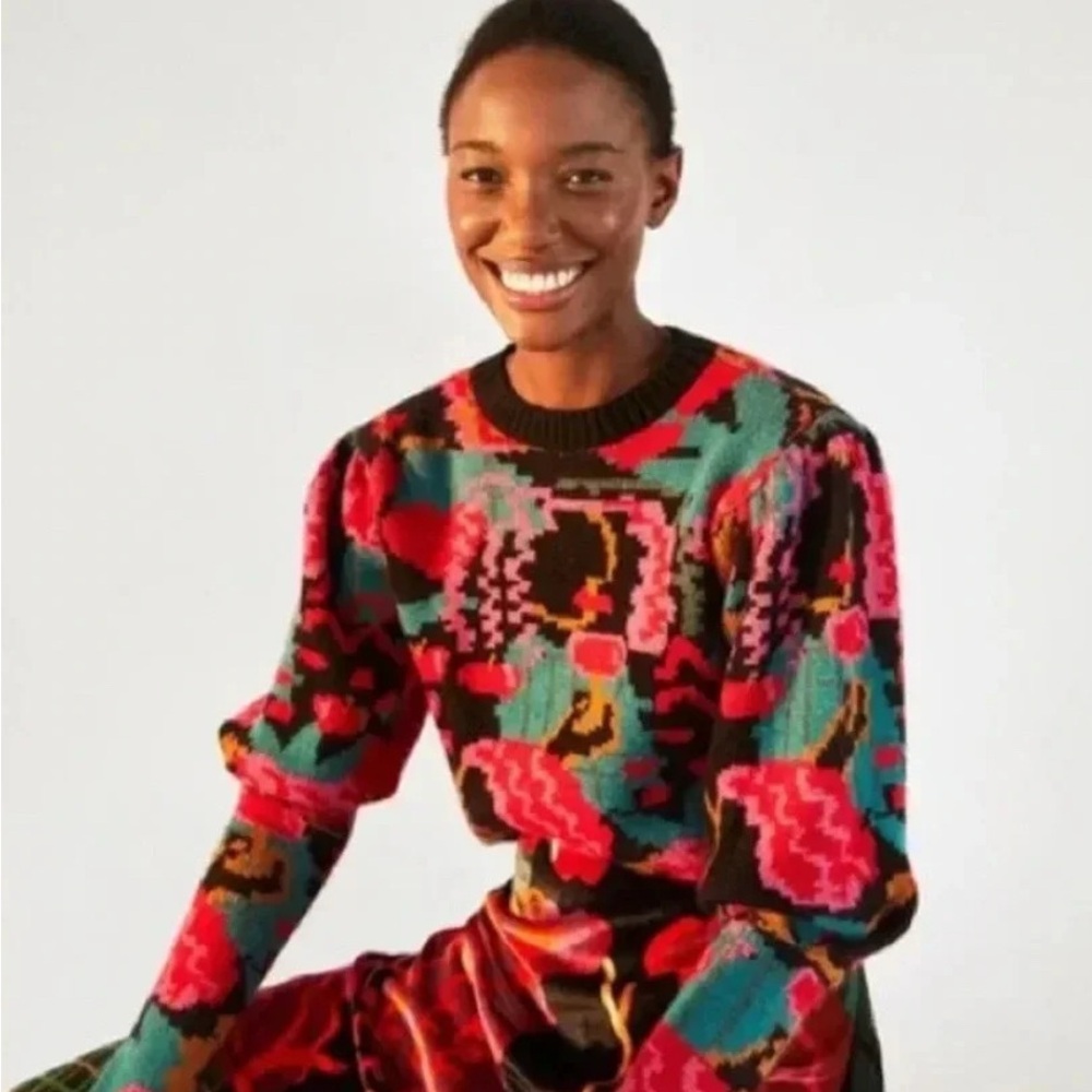 FARM Rio Women’s Lovers Apples Puff Sleeve Sweater, Multi Color, Size Small